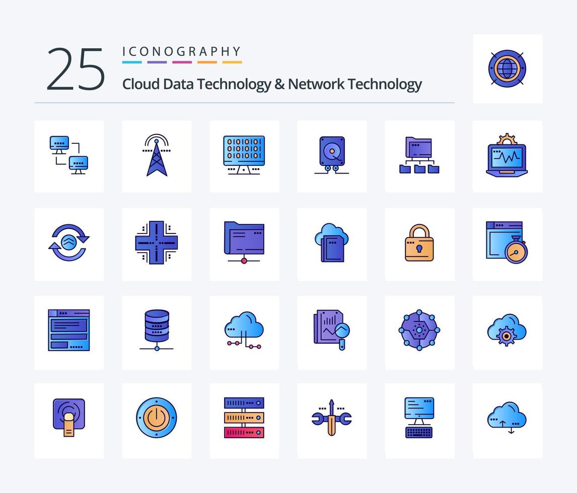 paquete de iconos llenos de 25 líneas de tecnología de datos en la nube y tecnología de red, incluida la carpeta. informática. informática. audio. servidor vector