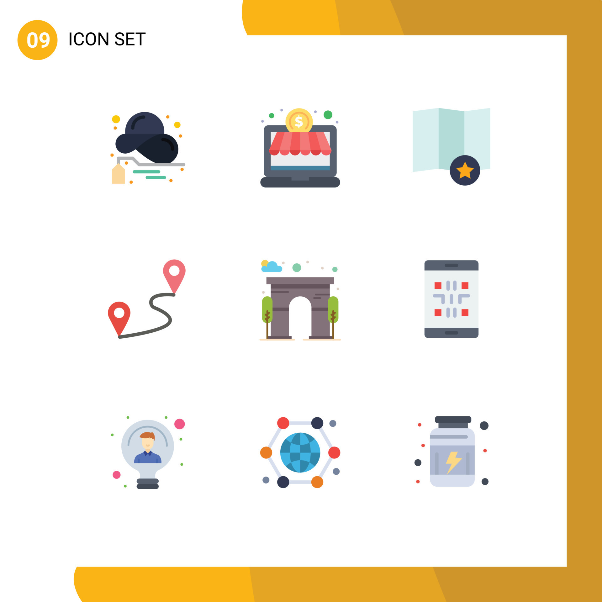 Pack of 9 creative Flat Colors of gate city map architecture pin