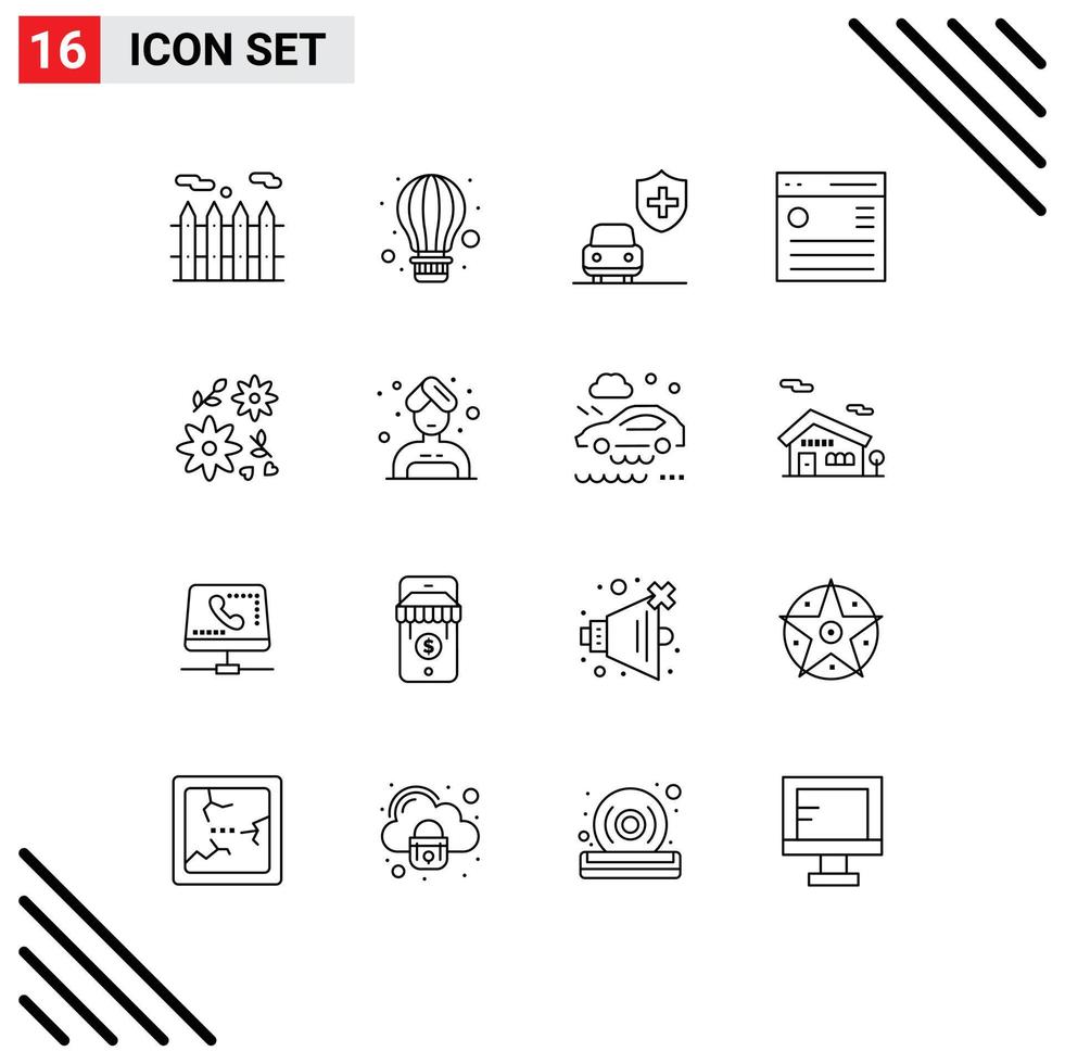 Modern Set of 16 Outlines and symbols such as woman flower security bouquet menu Editable Vector Design Elements
