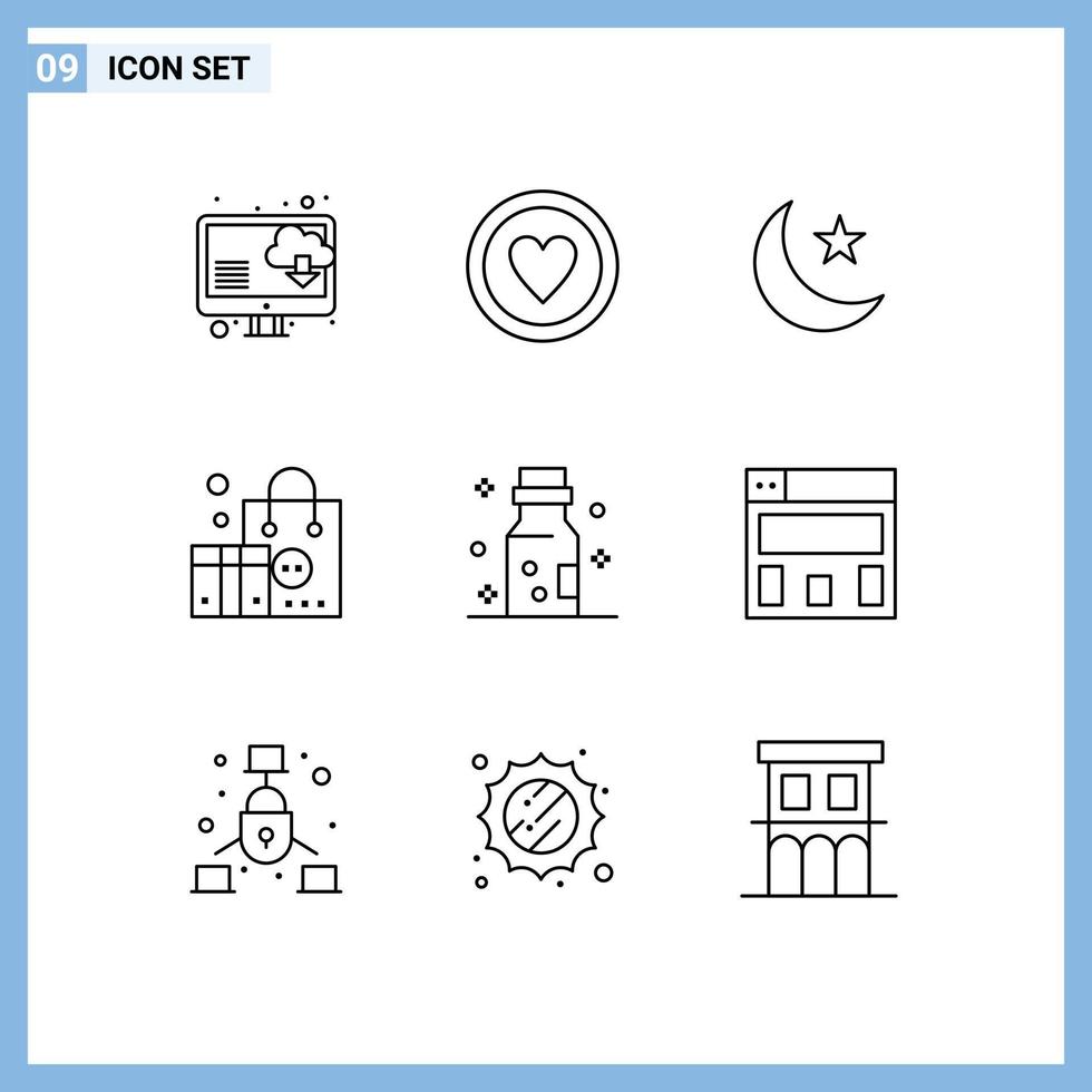 Pictogram Set of 9 Simple Outlines of danger bottled night marketing branding Editable Vector Design Elements