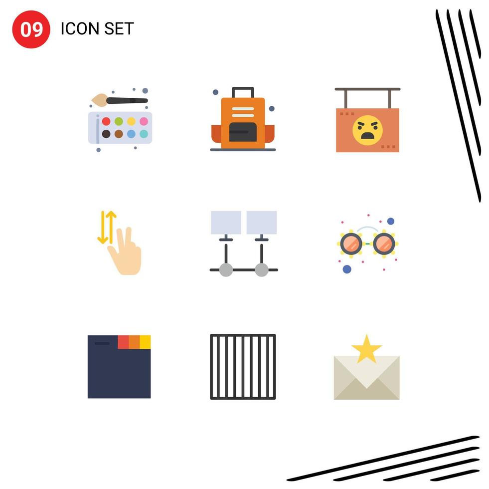 User Interface Pack of 9 Basic Flat Colors of two finger outdoors shop hanging Editable Vector Design Elements