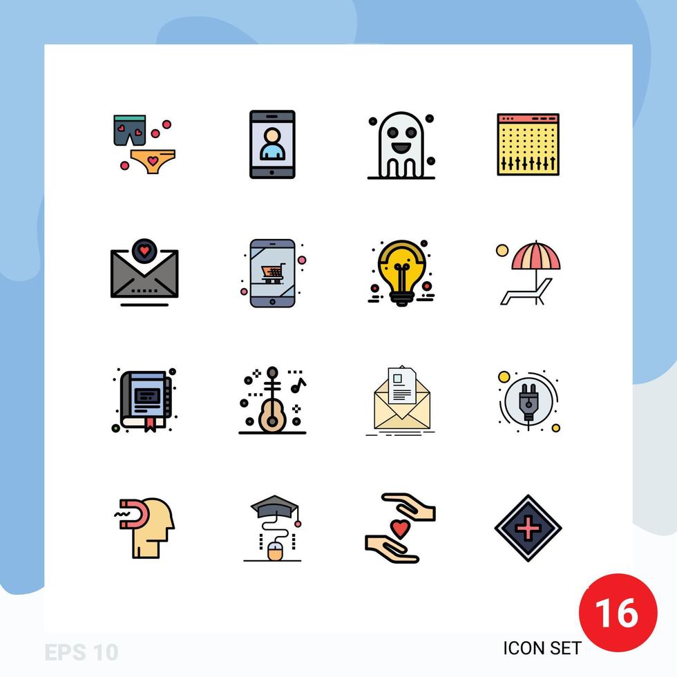 paquete de 16 signos y símbolos modernos de líneas rellenas de color plano para medios de impresión web, como elementos de diseño de vectores creativos editables de la consola del controlador de copia de hardware de correo electrónico