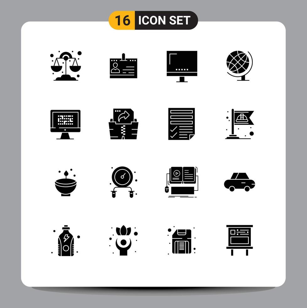 Group of 16 Modern Solid Glyphs Set for globe earth people monitor electronic Editable Vector Design Elements