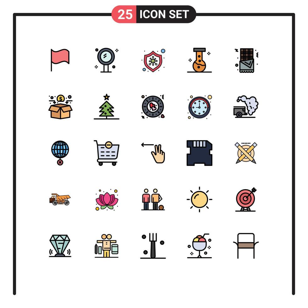 25 User Interface Filled line Flat Color Pack of modern Signs and Symbols of food churro bacteria laboratory chemical Editable Vector Design Elements