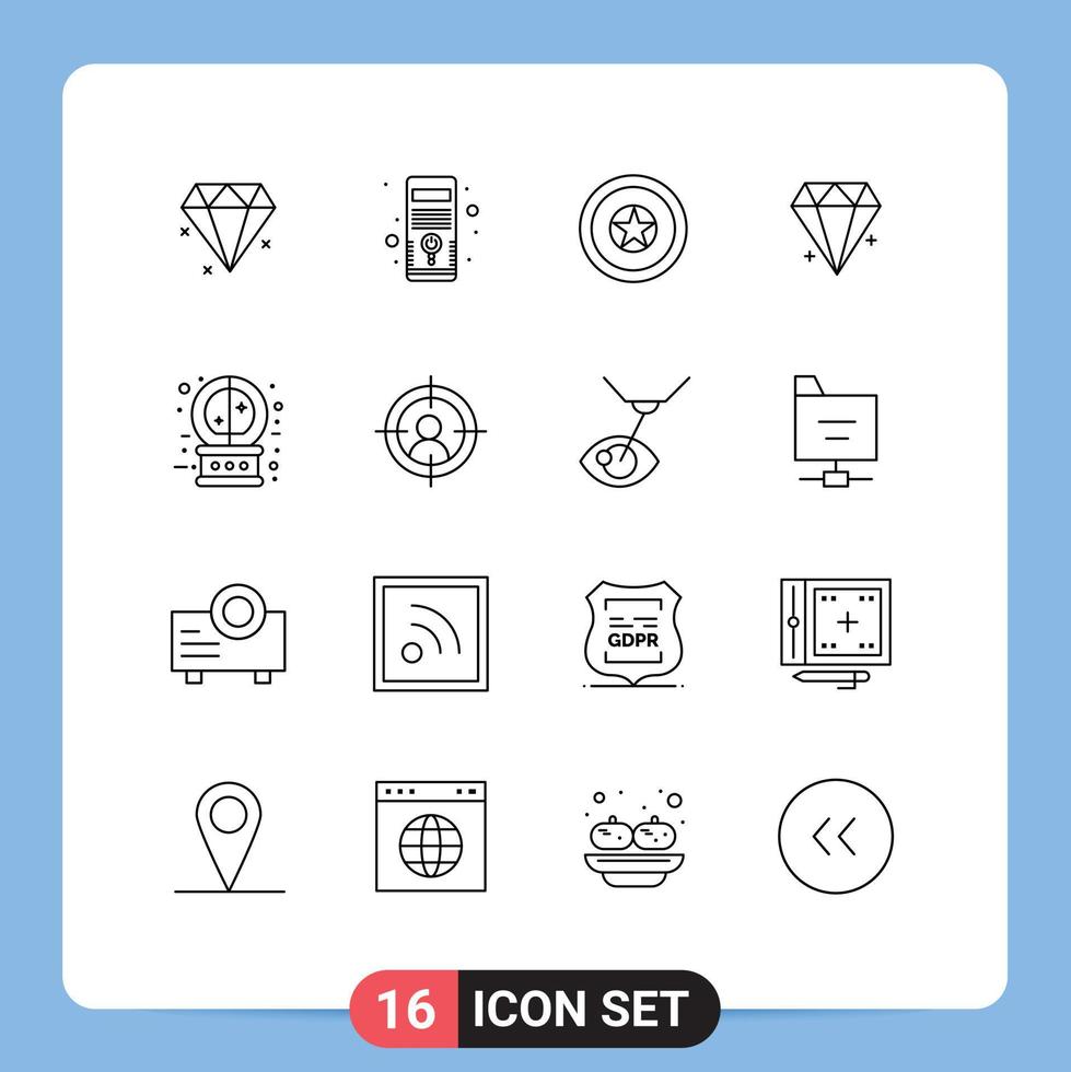 Modern Set of 16 Outlines Pictograph of magic future independence day crystal ball jewelry Editable Vector Design Elements