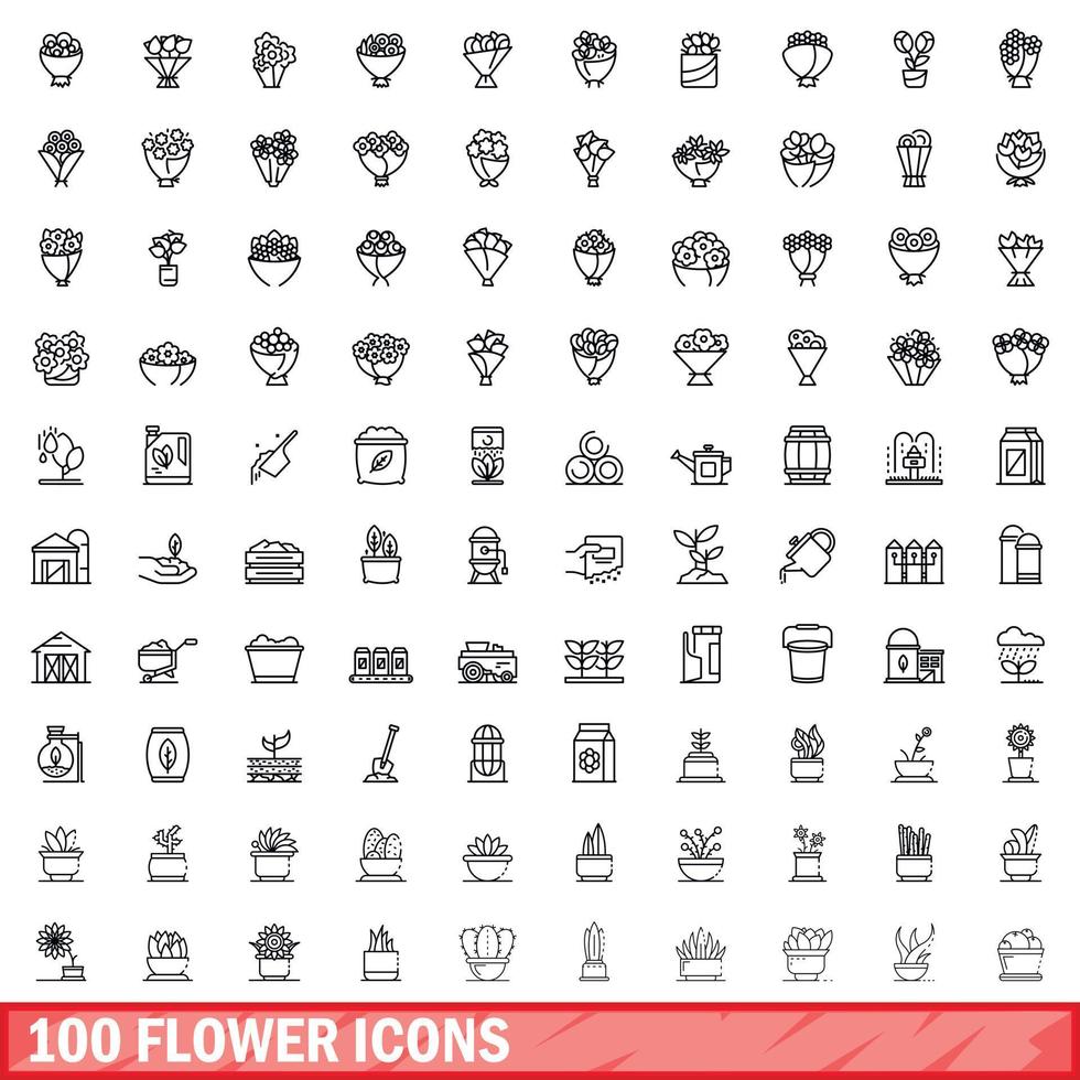 100 flower icons set, outline style vector