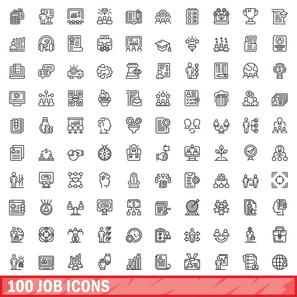 100 job icons set, outline style vector