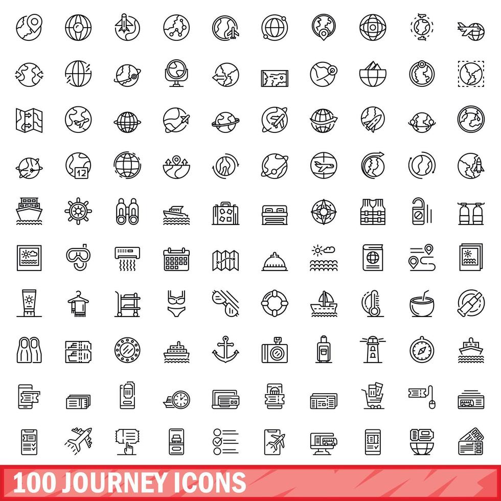 100 journey icons set, outline style vector