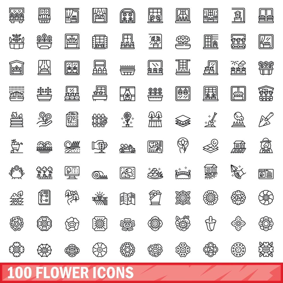 100 flower icons set, outline style vector