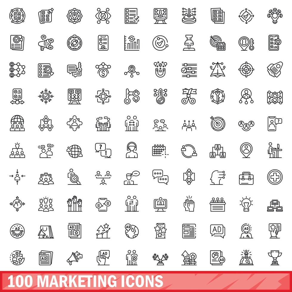 100 marketing icons set, outline style vector