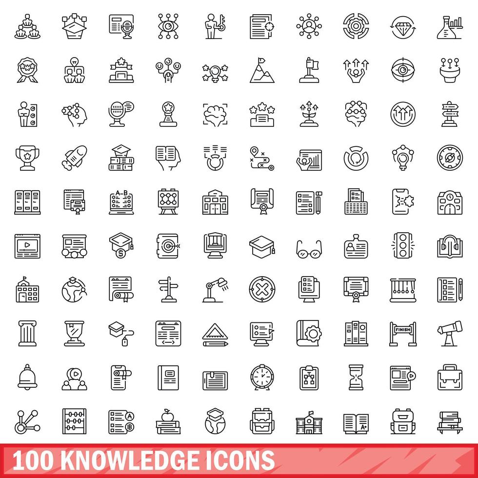 100 knowledge icons set, outline style vector