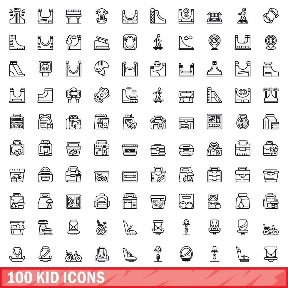 100 kid icons set, outline style vector