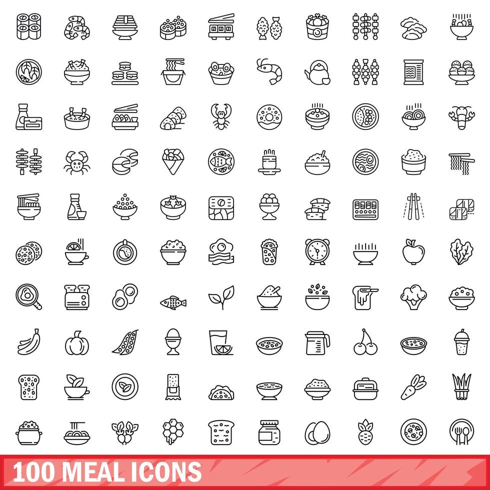 100 meal icons set, outline style vector