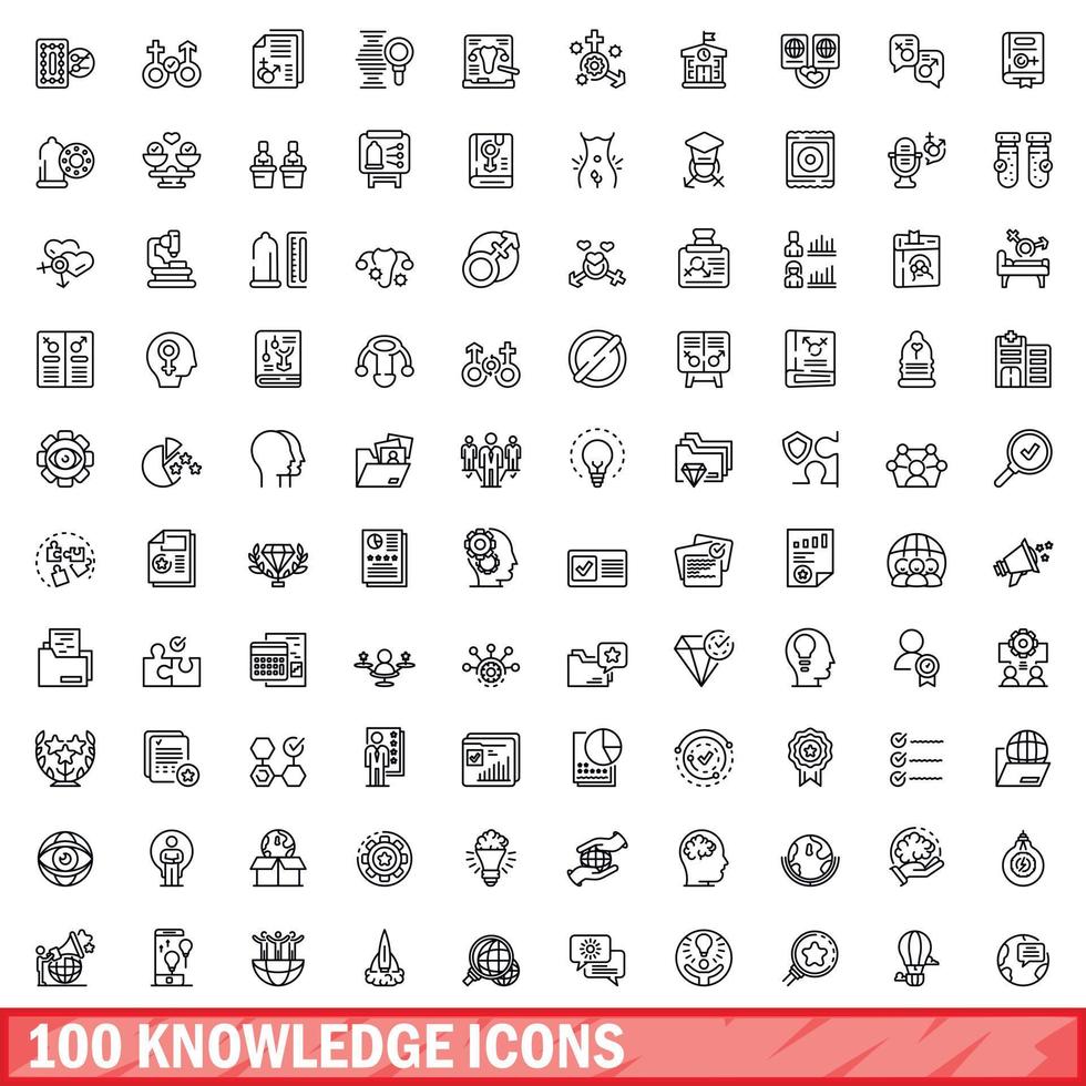 100 knowledge icons set, outline style vector