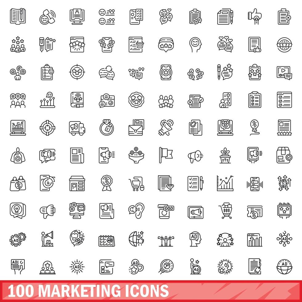 100 marketing icons set, outline style vector