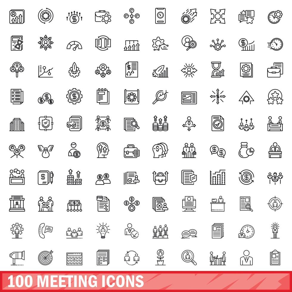 100 meeting icons set, outline style vector