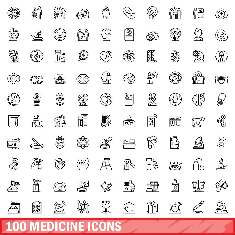 100 medicine icons set, outline style vector