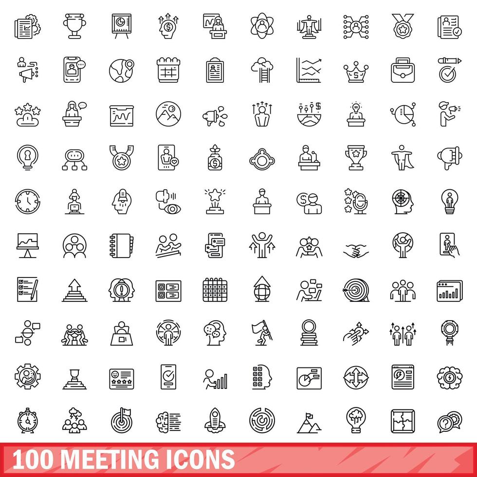 100 meeting icons set, outline style vector