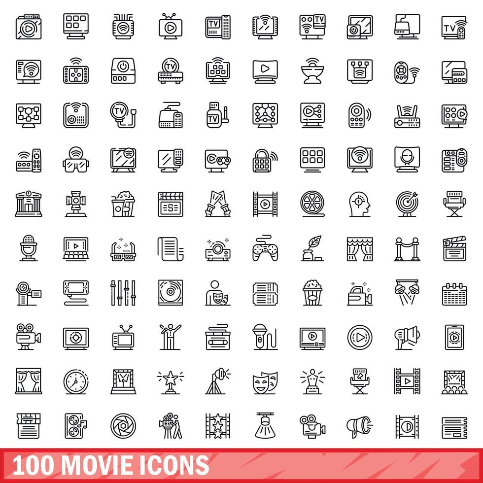 100 movie icons set, outline style vector