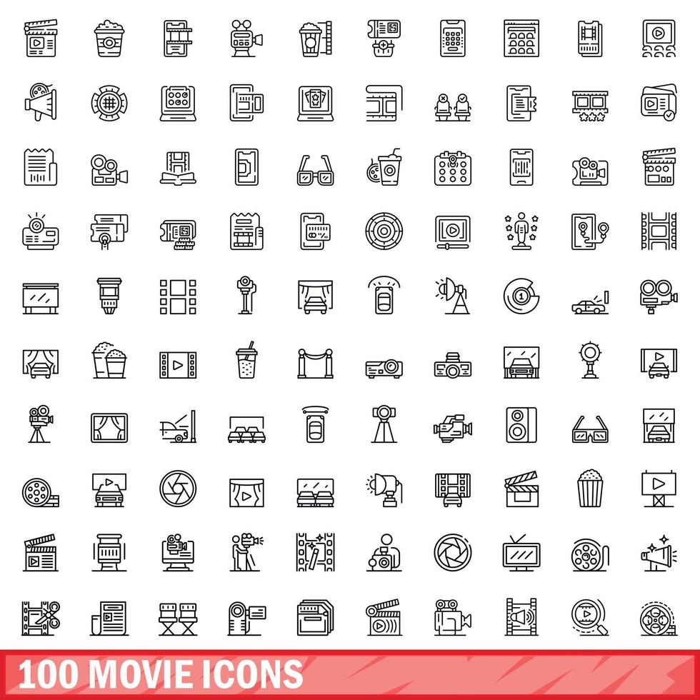 100 movie icons set, outline style vector