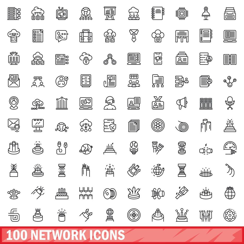 100 network icons set, outline style vector