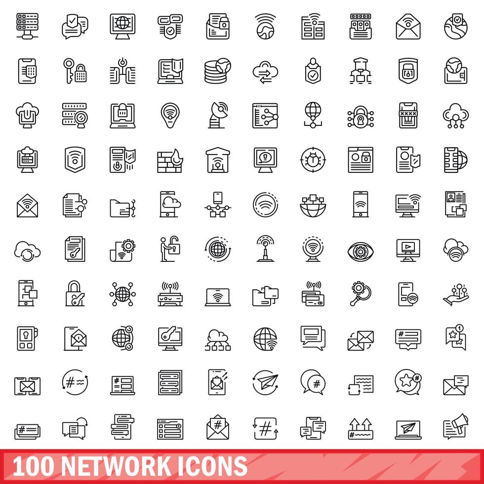 100 network icons set, outline style vector