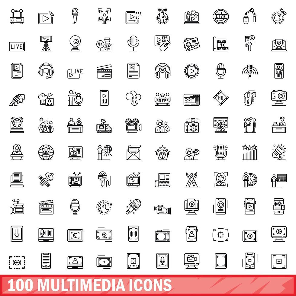 100 multimedia icons set, outline style vector