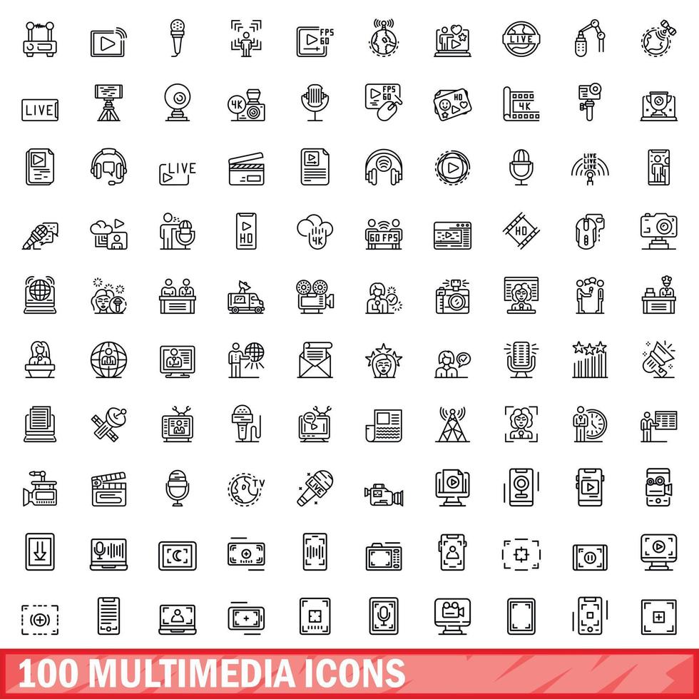 100 multimedia icons set, outline style vector