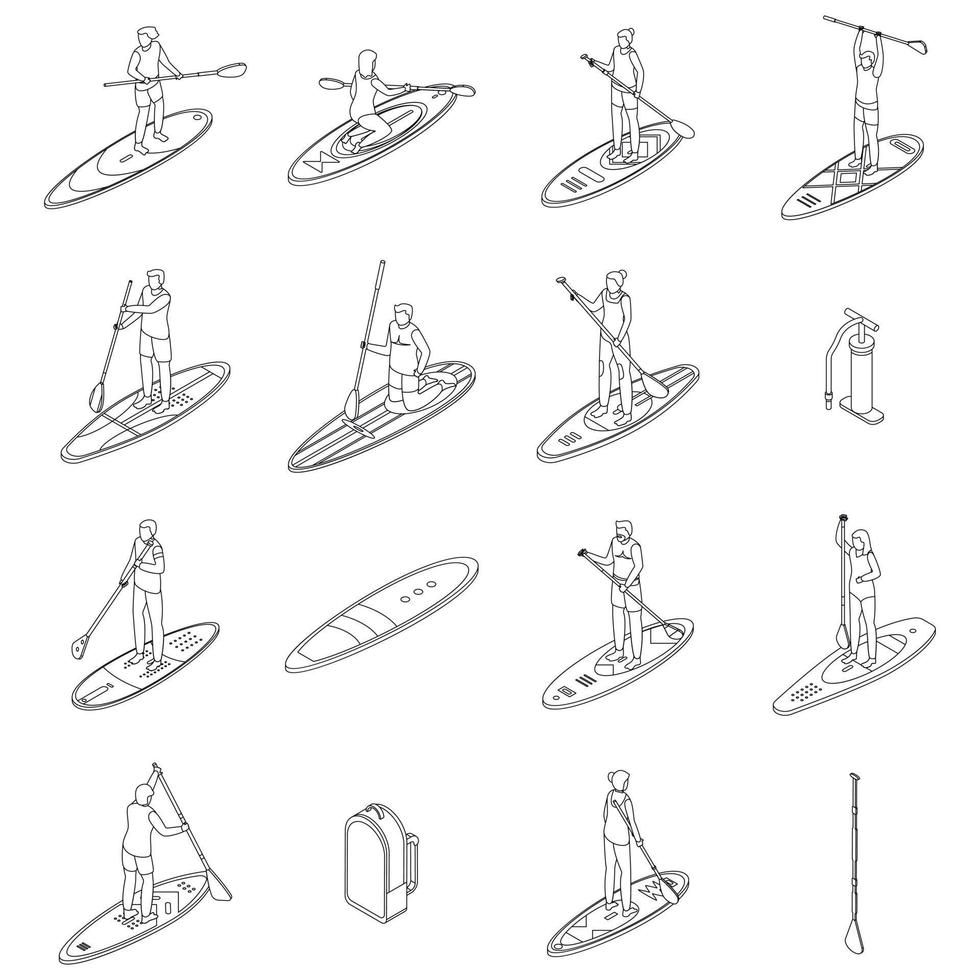 Sup surfing icons set vector outline