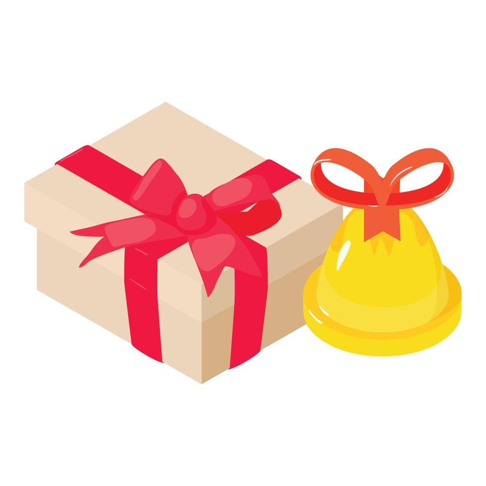 Christmas icon isometric vector. Big box with bow and traditional christmas bell vector
