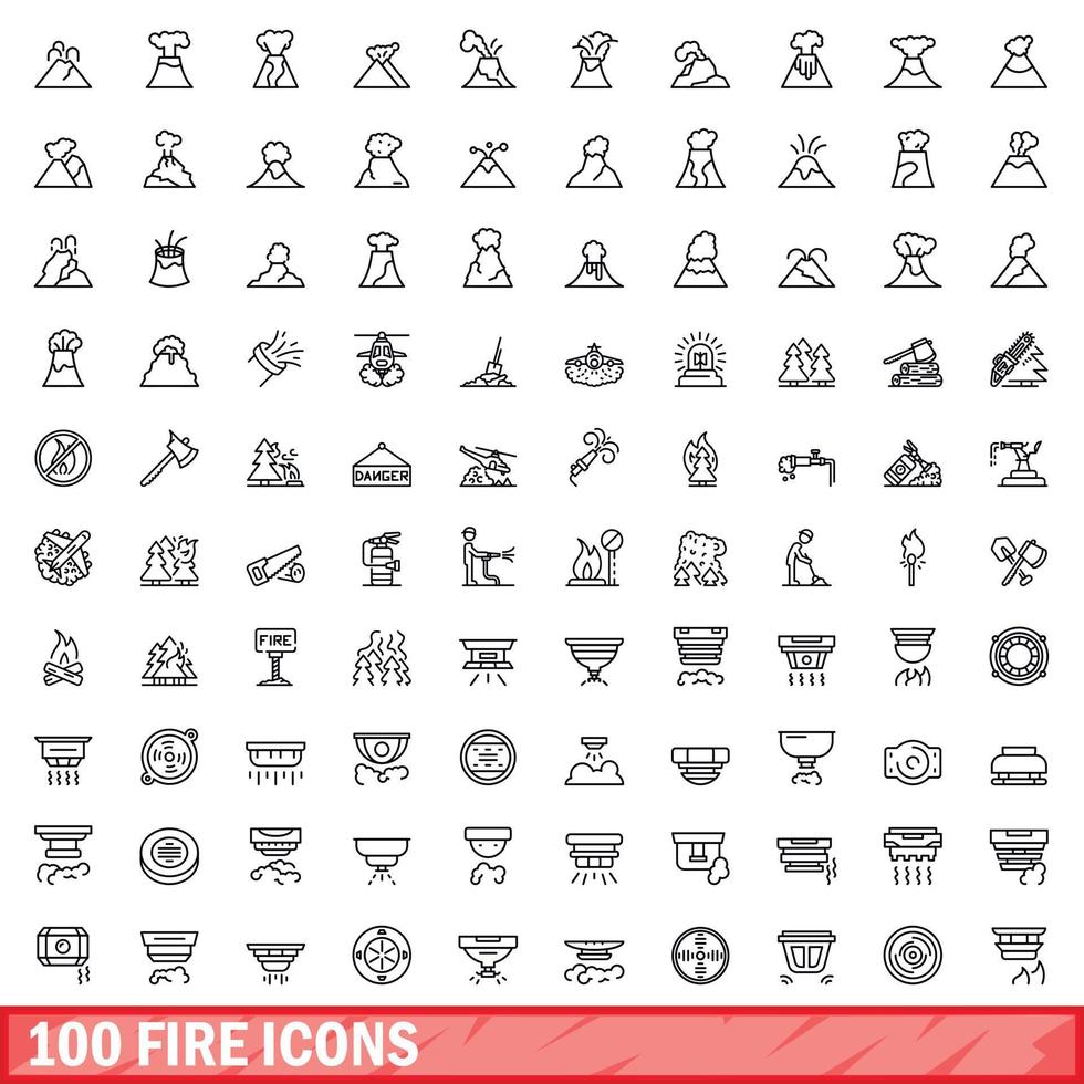 100 fire icons set, outline style vector