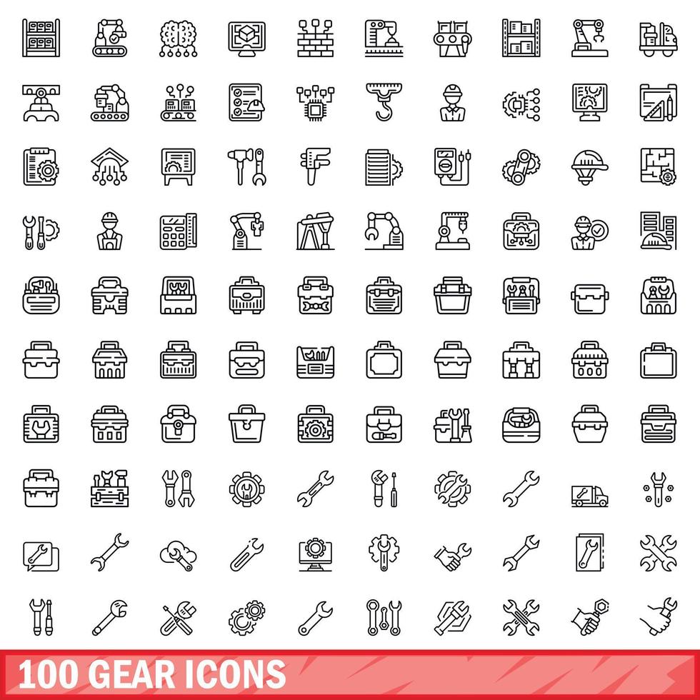 100 gear icons set, outline style vector