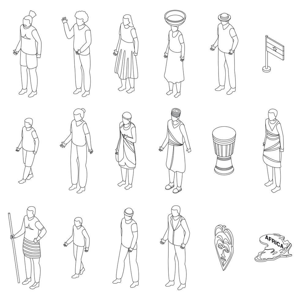 African people icons set vector outline
