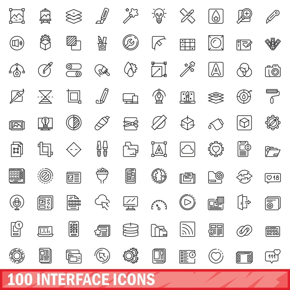 100 interface icons set, outline style vector