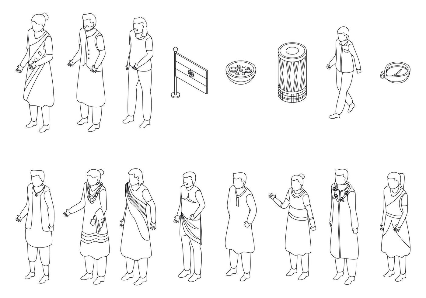 Indians icons set vector outline