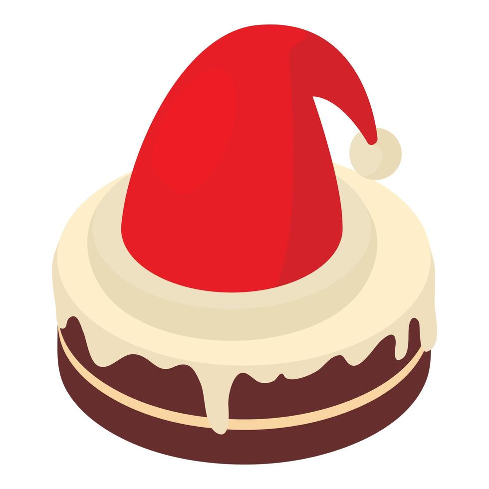 Christmas dessert icon isometric vector. Chocolate cake and red santa hat icon vector