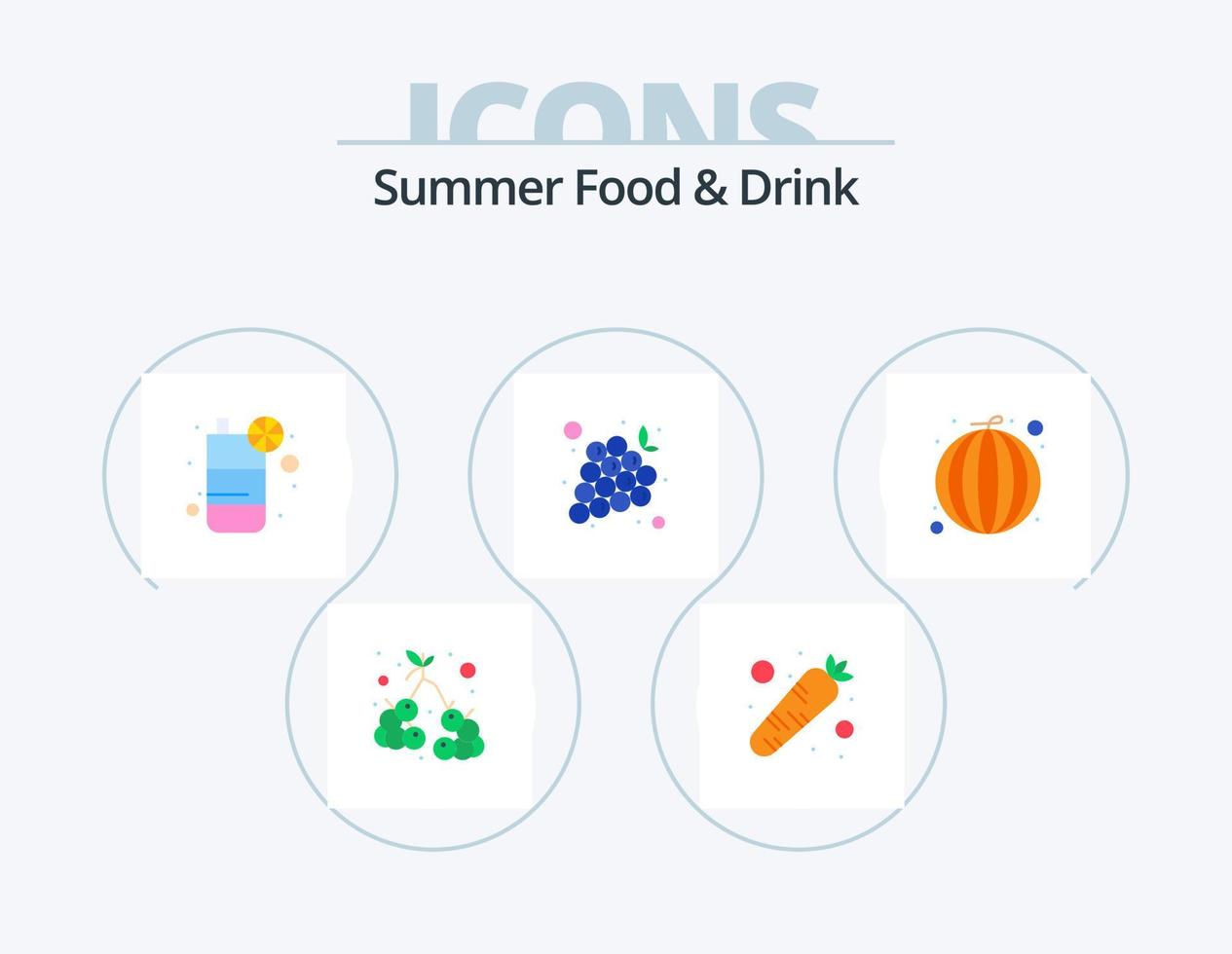 Summer Food and Drink Flat Icon Pack 5 Icon Design. healthy. vegetable. drink. grape. grapes vector