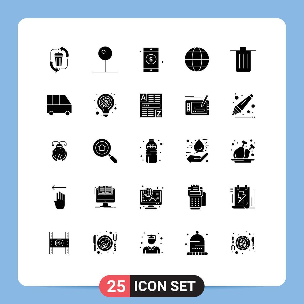 Pack of 25 creative Solid Glyphs of been globe multimedia geography communication Editable Vector Design Elements