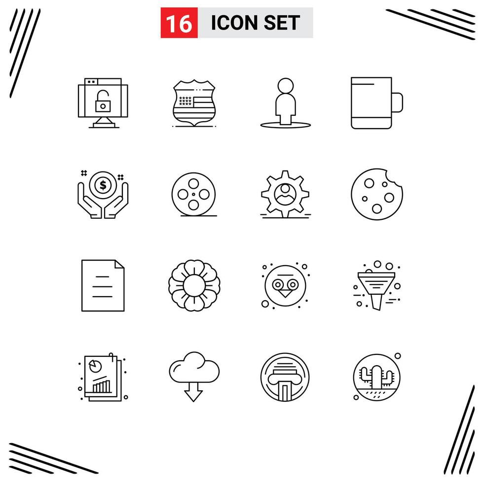 Modern Set of 16 Outlines and symbols such as cinema money avatar investment mug Editable Vector Design Elements