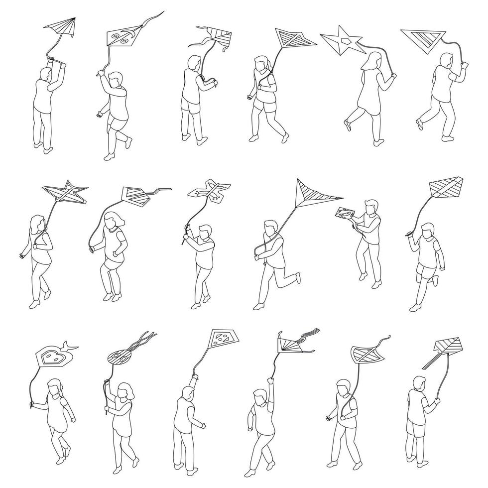 Kids playing with kite icons set vector outline