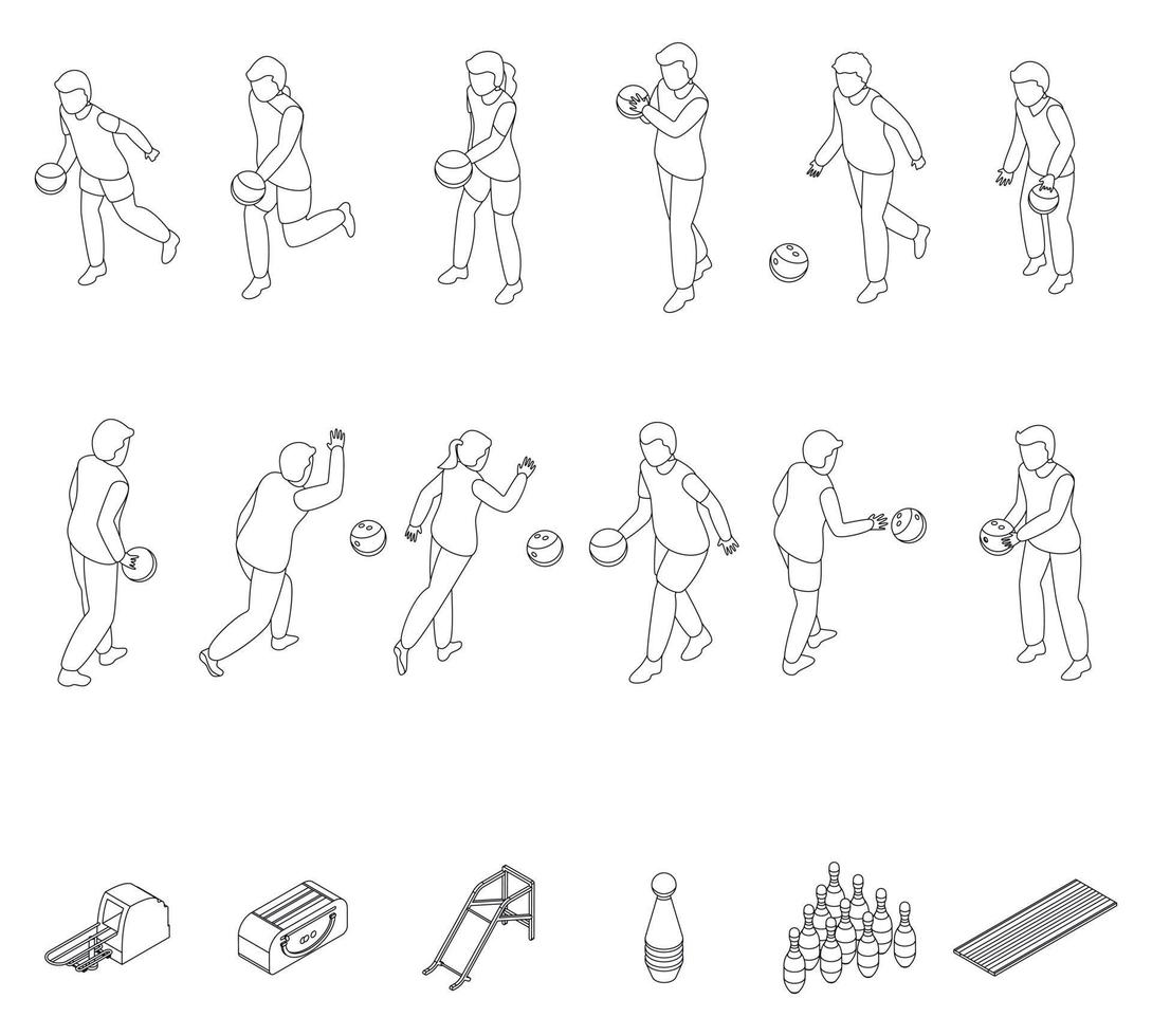 Kids playing bowling icons set vector outline