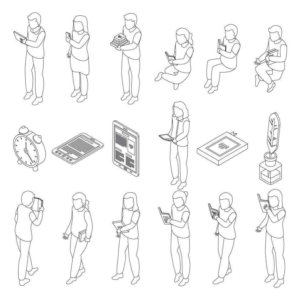 Children reading icons set vector outline