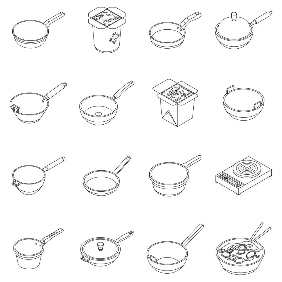 Wok frying pan icons set vector outline