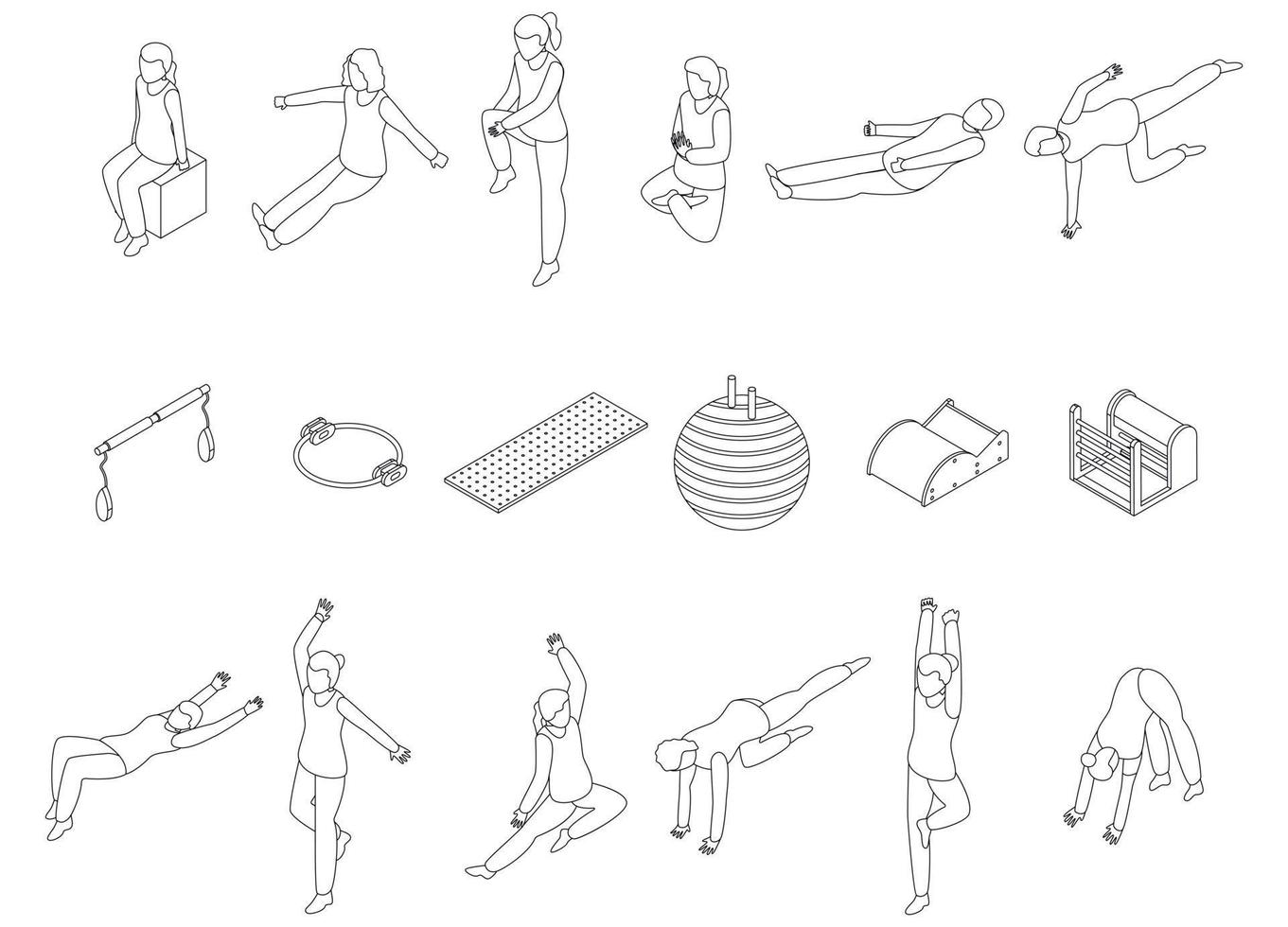 Pilates icons set vector outline