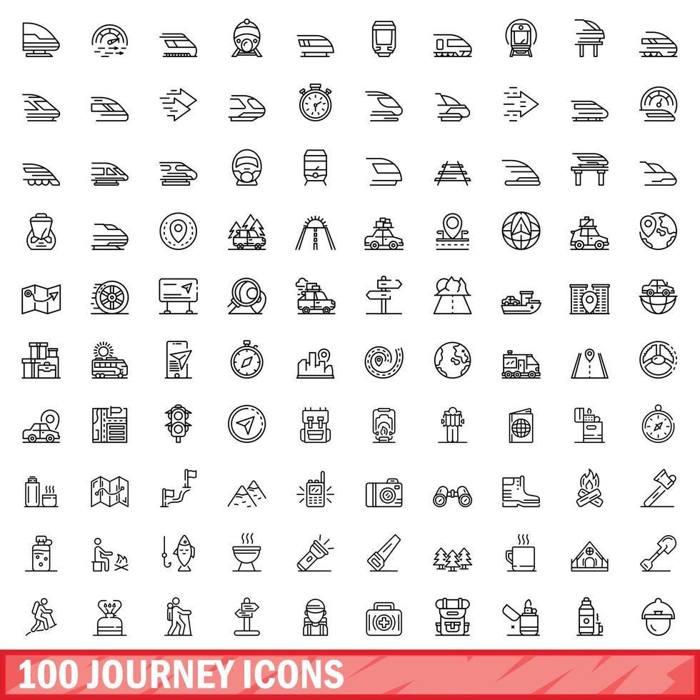100 journey icons set, outline style vector