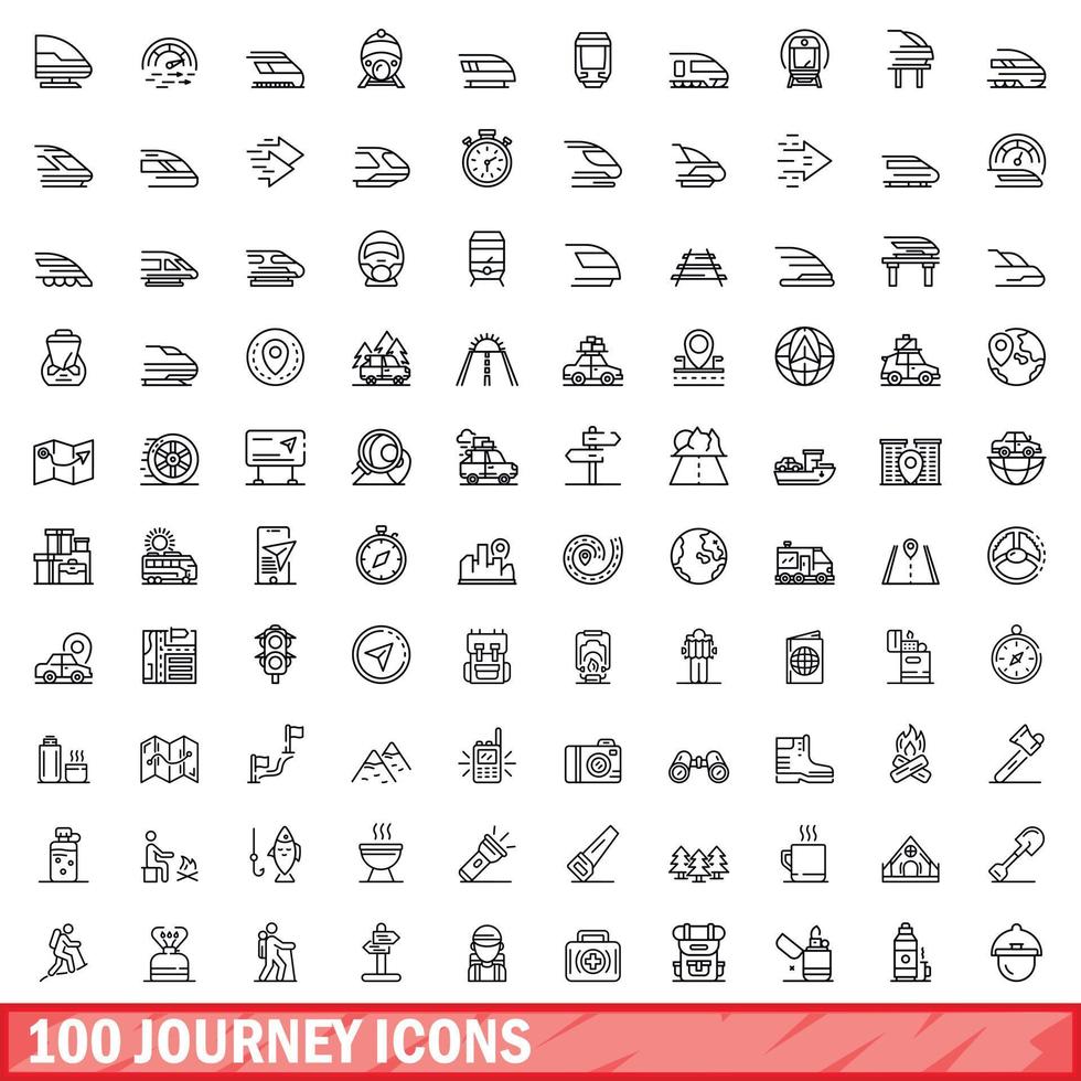 100 conjunto de iconos de viaje, estilo de contorno vector