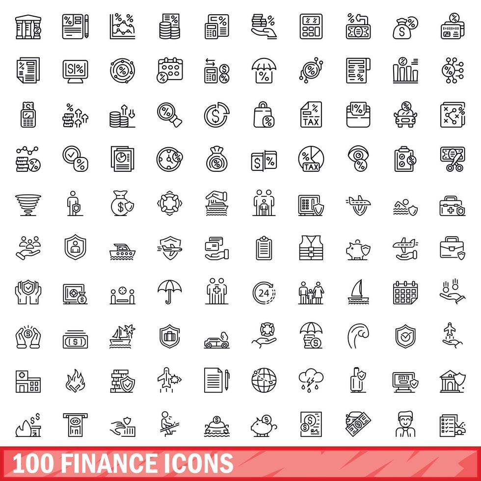 100 finance icons set, outline style vector