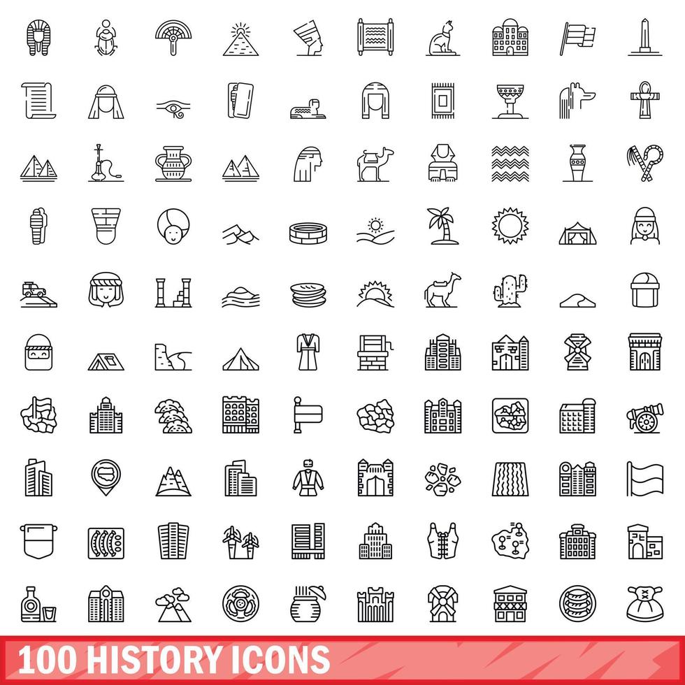 100 history icons set, outline style vector