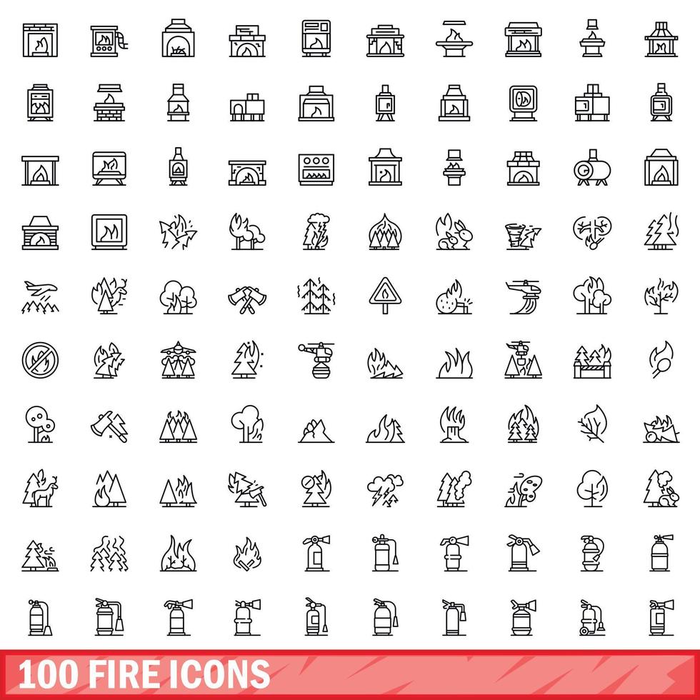 100 fire icons set, outline style vector