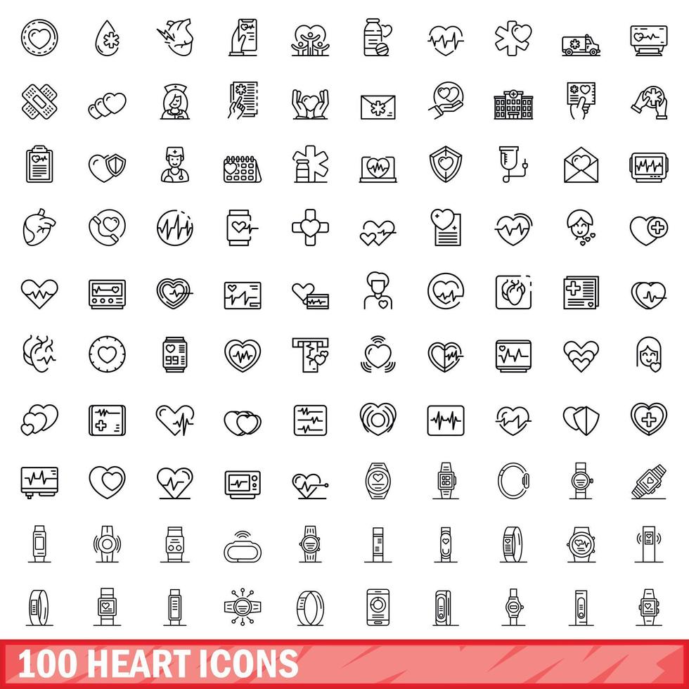 100 heart icons set, outline style vector